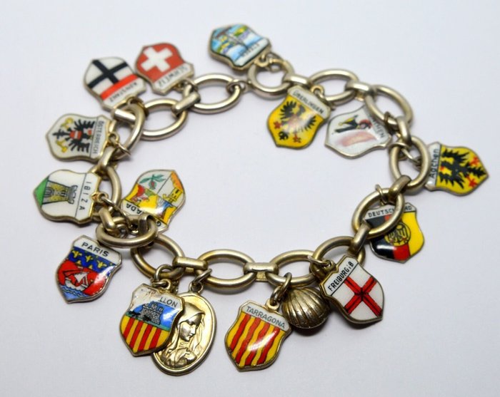 Sem preço de reserva - 800/835 Silver European City Coat of Arms Charms Bracelet - Bracelete Prata 