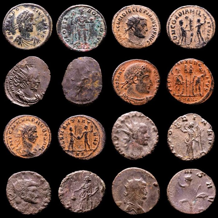 Romarriket. Lot comprising eight (8) AE coins:  Antoninianus, Follis, Maiorinas. Antoninianus, Follis, Maiorinas. Theodosius, Diocletian, Victorinus, Constantine I, Claudius II (2), Gallienus & Probus  (Ingen mindstepris)