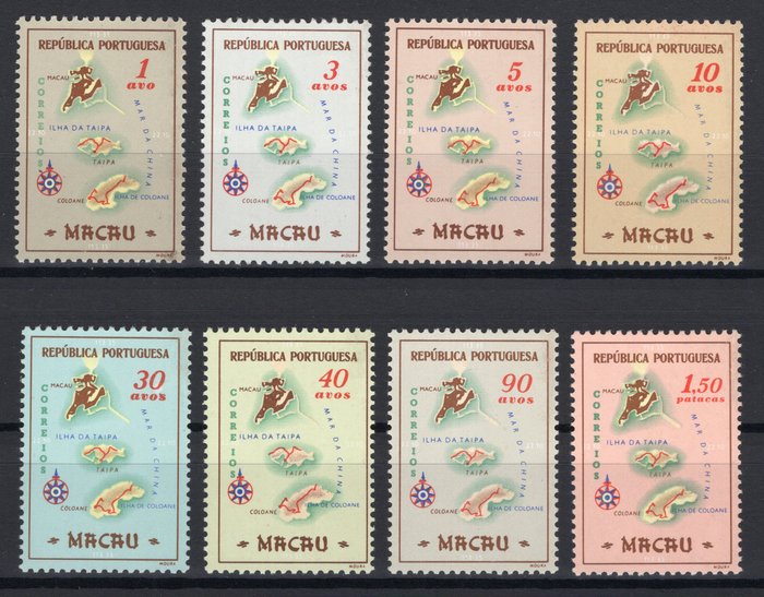 Macao 1956 - Mappa dei francobolli postali **/set con nuovi francobolli - Michel 406/413