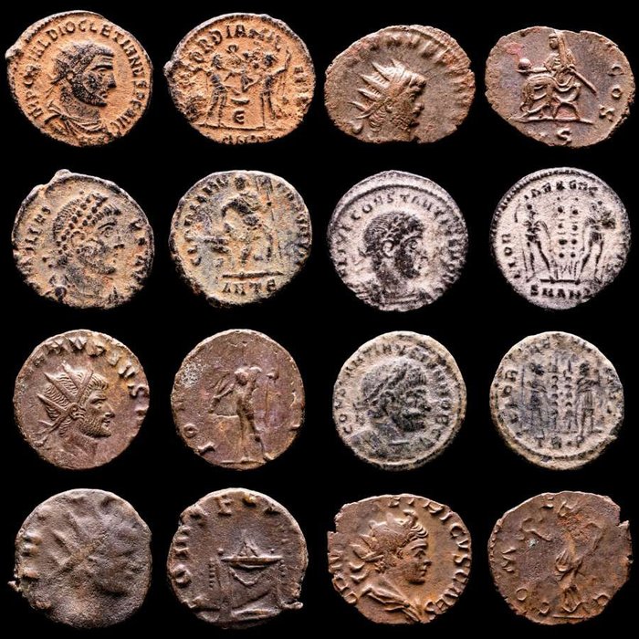 Roman Empire. Lot comprising eight (8) AE coins:  Antoninianus, Follis, Maiorinas. Antoninianus, Follis, Maiorinas. Diocletian, Gallienus II, Claudius II (2), Tetricus II, Valens, Constantine II & Constantius II  (Ingen reservasjonspris)