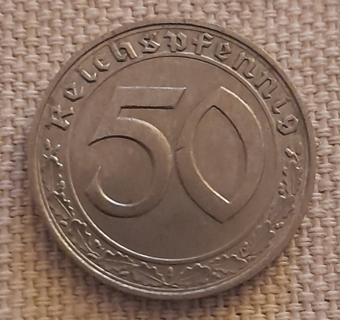 Saksa, Kolmas valtakunta. 50 Reichspfennig 1938, E (Muldenhuten)  (Ei pohjahintaa)