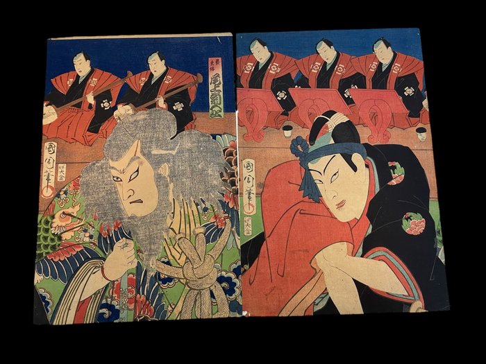 Kabuki actors as Sukeroku and Hige no Ikyu - ca 1870 - Toyohara Kunichika (1835-1900) - Japon -  Période Meiji (1868–1912)