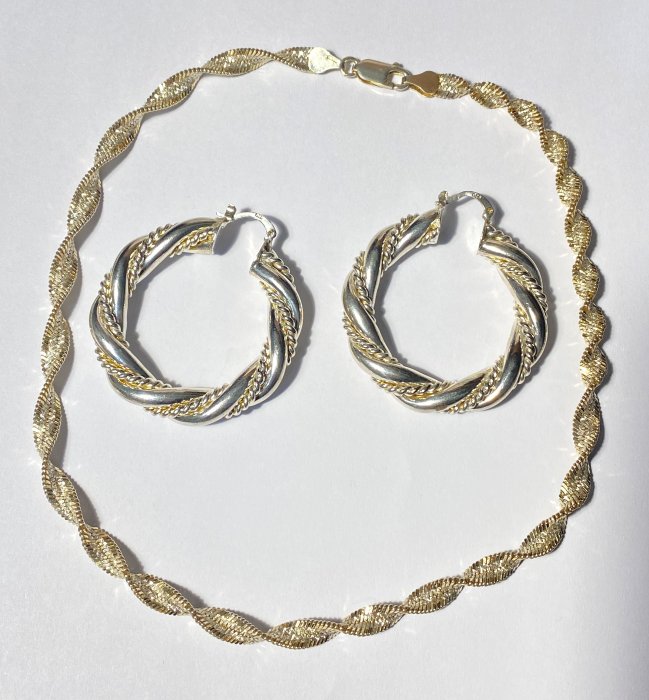 沒有保留價 - 兩件珠寶套裝 復古套裝（鏈條和耳環）。 925純銀。 