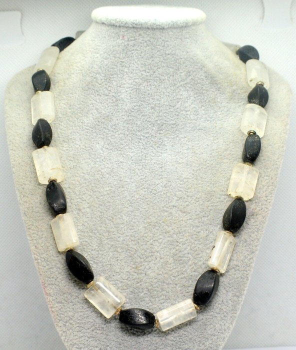 Mineral Stone - White Quartz Mineral & Black Onyx Polished Cylinder Stone - Necklace