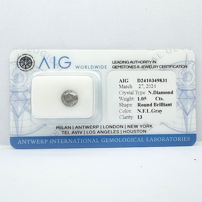 1 pcs Diamond - 1.05 ct - Round - fancy light grey - I3 (piqué), No Reserve Price!