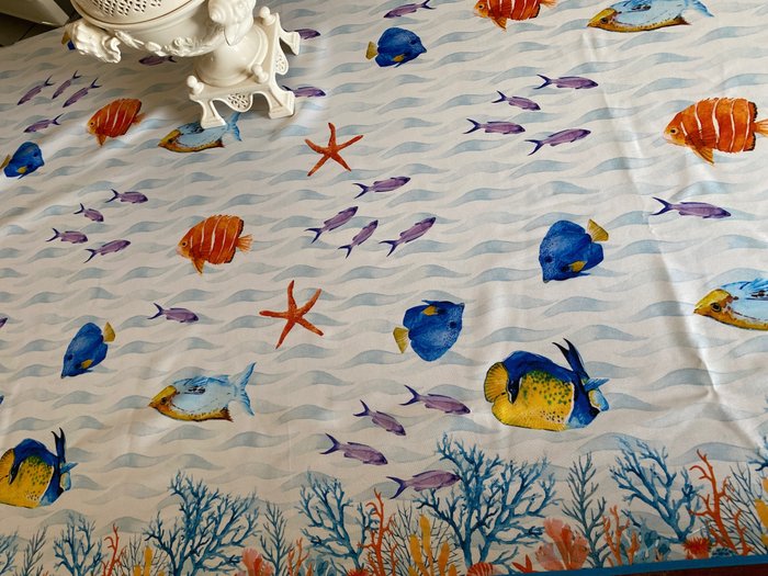 San Leucio 獨特的海岸風格桌布，海浪中的魚兒 - 桌布  - 230 cm - 140 cm