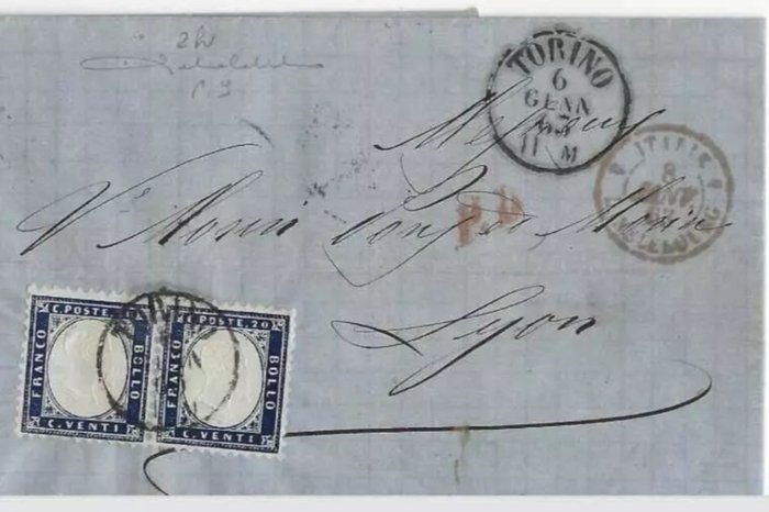 Italy Kingdom 1862 - 20 cents. very dark shiny blue, two copies on a letter from Turin to Lyon - Sassone N. 2h