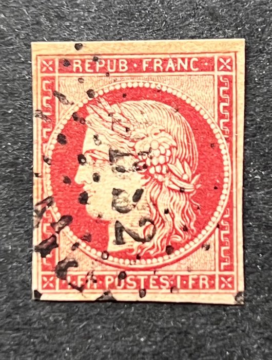 法國 1849 - 經典法國 1Fr Cérès 胭脂紅，obl 巴黎辦事處 DS2 - Yvert Tellier n°6