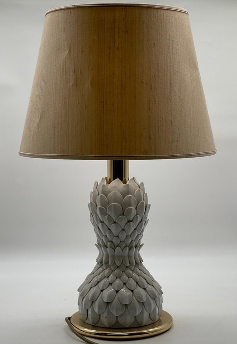 Lampa stołowa - Piękna ceramiczna lampa stołowa z mosiężnymi nóżkami - Ceramika, Mosiądz