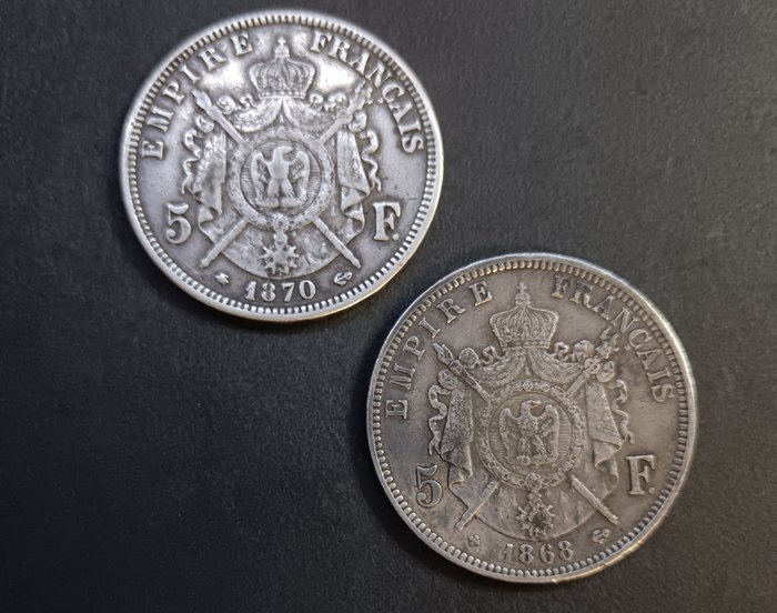 法国. 拿破仑三世(1852-1870). 5 Francs 1868-BB e 1870-A (2 monete)  (没有保留价)