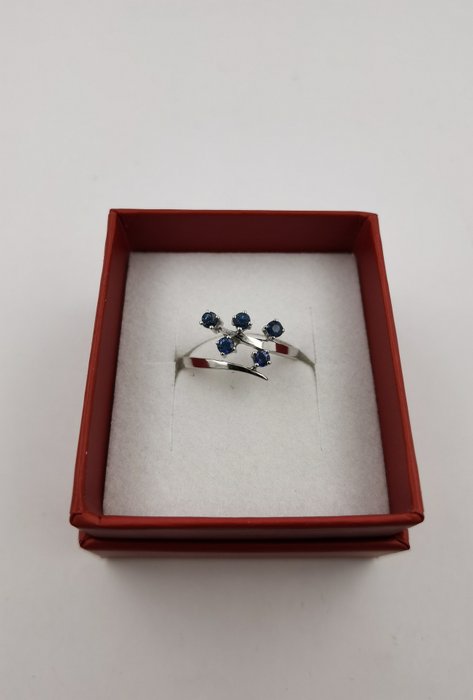 戒指 - 14 克拉 白金 -  0.25 tw. 藍寶石 