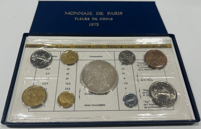 法国. Year Set (FDC) 1975 (9 monnaies) dont 50 Francs argent