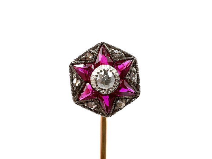 χωρίς τιμή ασφαλείας - Καρφίτσα Πλατίνα, Ροζ χρυσό -  0.05 tw. Διαμάντι  (Φυσικό) - Ρουμπίνι 