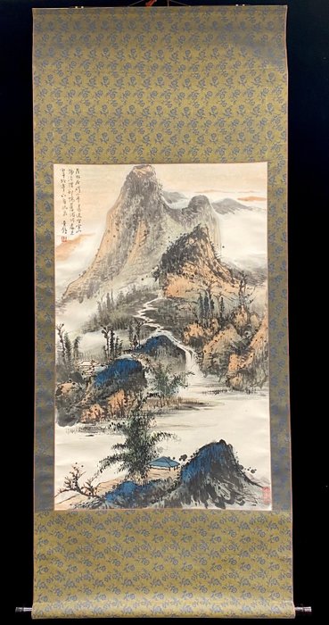 Large size green landscape painting - Signed 黄鐘 - China  (Sem preço de reserva)