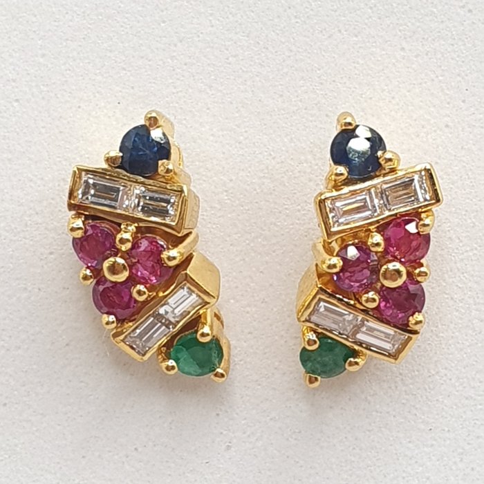 Earrings - 14 kt. Yellow gold Diamond  (Natural) - Mixed gemstones 