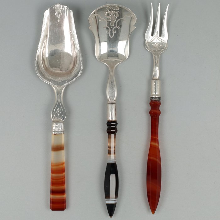 Suikerscheppen & Confituurvorkje *NO RESERVE* - Cutlery set (3) - .833 silver, Agate