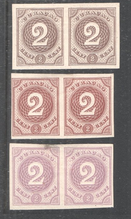 Curaçao 1889 - Zahl 2 Cent Zahl – 3 entzahnte Farbabzüge paarweise – Verschiedene Farben