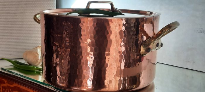 Stekepanne -  DEMUYNCK tung profesjonell Frankrike pan / gryte med lokk 10 liter (med nye tinnplater) - Kobber, TINNING INNE