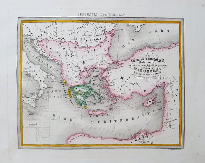 Europa, Kart - Sør-Europa / Middelhavslandene / Hellas / Tyrkia / Peloponnes / Kypros / Balkan / Kreta; F. C. Marmocchi - Il Bacino del Mediterraneo (parte Orientale) con la indicazione delle linee dei Piroscafi delle - 1821-1850