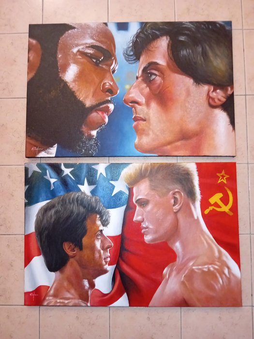 Augustin Iglesias - Rocky III & IV - Rocky Clubber Lang + Drago Stallone olio originale su tela arte