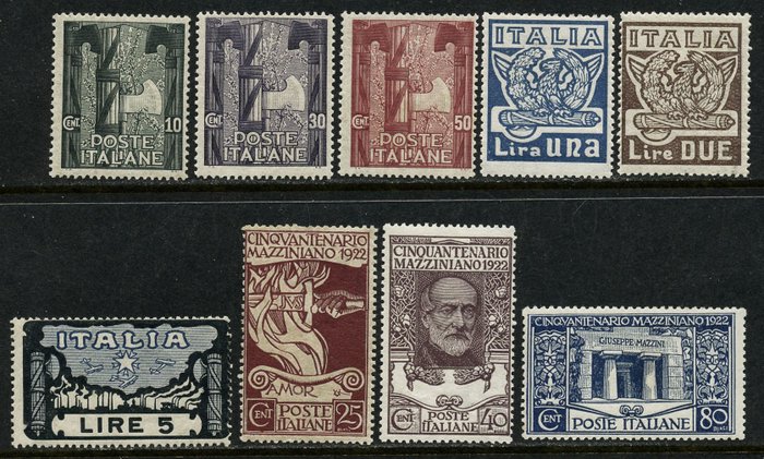 Italia 1922/1923 - Maaliskuussa Rooma ja Mazzini, kaksi täydellistä sarjaa, 9 arvoa - Sassone 128/130 6+ 141/148
