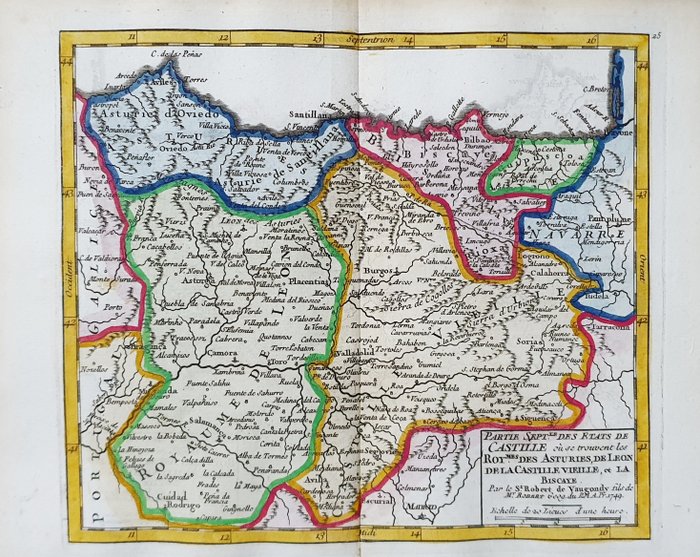 欧洲, 地图 - 西班牙 / 卡斯蒂利亚 / 莱昂 / 奥维多 / 维拉多利德 / 比斯开; R. de Vaugondy / M. Robert - Partie Septentrionale des Etats de Castille; les Royaumes des Asturies, de Leon, de la Castille - 1721-1750