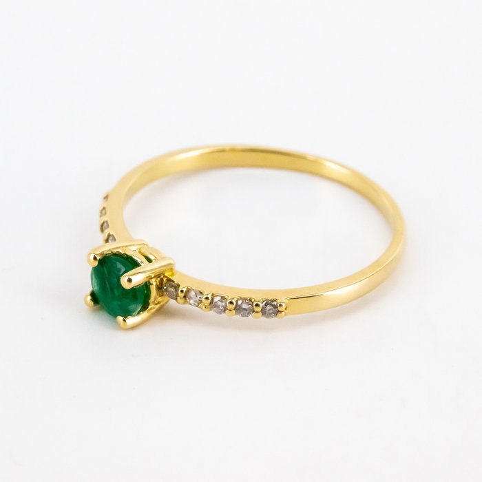 Ring - 18 karat Gull Diamant  (Naturlig) - Smaragd 