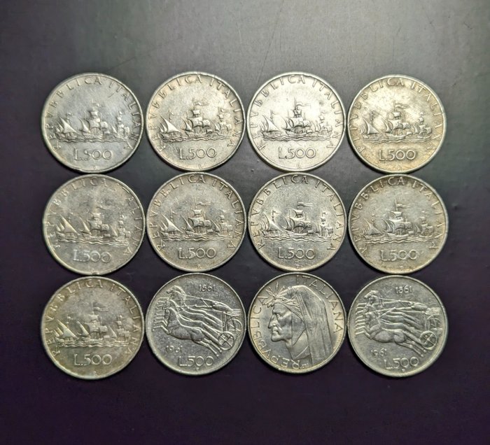 意大利， 意大利共和国. 500 Lire 1959/1965 Caravelle, Dante Alighieri e Unità d'Italia (12 monete)  (没有保留价)