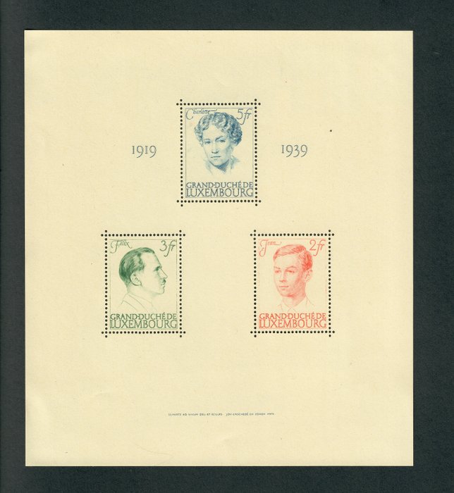盧森堡 1939 - 20 週年紀念日發行的品質卓越的小張。夏洛特女大公統治時期 - Scott 217