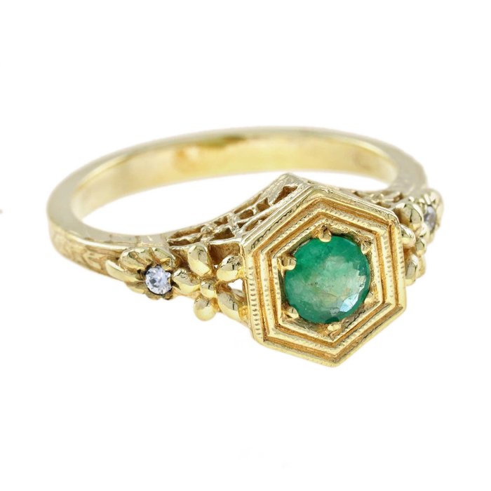 GEMMA FILIGREE - Ring - 14 kt Gult guld -  0.38 tw. Smaragd - Diamant 