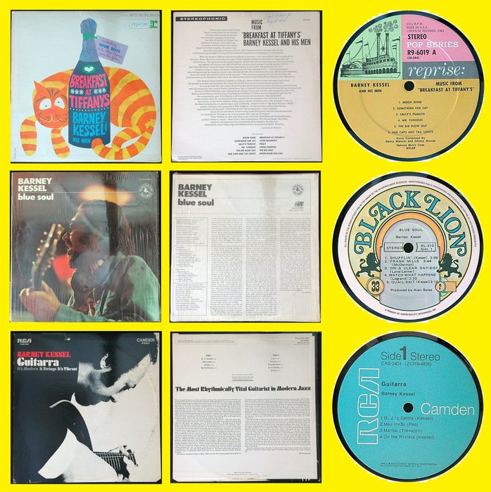 Barney Kessel And His Men (Lot of 3 original LP's) Cool Jazz | member: The Wrecking Crew - 1. Breakfast At Tiffany's ('62) 2. Blue Soul ('75) 3. Guitarra ('69) - LP albumok (több elem) - Különböző (lásd a leírást) - 1962