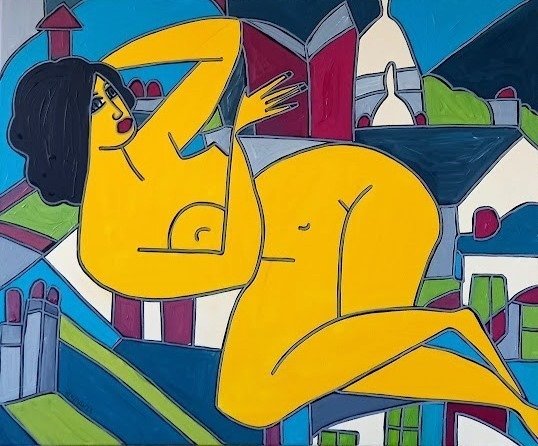 Patricia Kleyman (1965) - Jeune fille nue lisant un livre sur les toîts de Montmartre