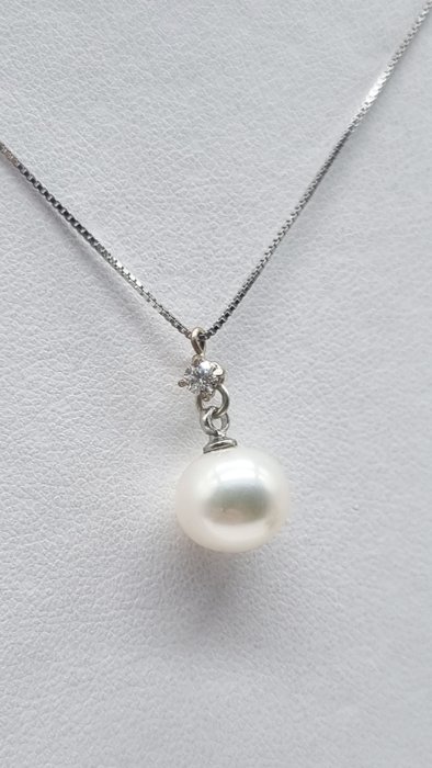 没有保留价 - 吊坠项链 - 18K包金 白金 -  0.07 tw. 钻石  (天然) - 珍珠 