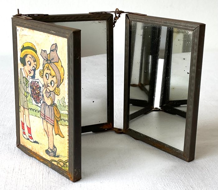 Speil  - Vintage triptykspeil for barn, med fine trykk av 1950-tallets Frankrike