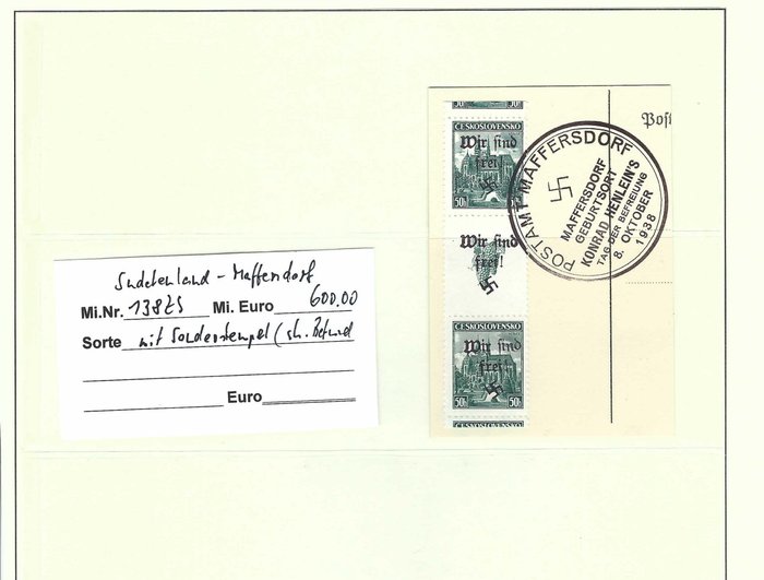 德國 - 當地郵政區 1938 - 蘇台德區 1938 -Maffersdorf 證書 - Mi.-Nr.: 138 ZS Sonderstempel