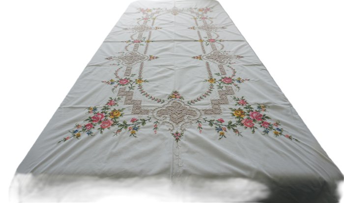 帶有十字繡和鏤空蕾絲的大桌布，手工製作。 - 桌布  - 260 cm - 160 cm