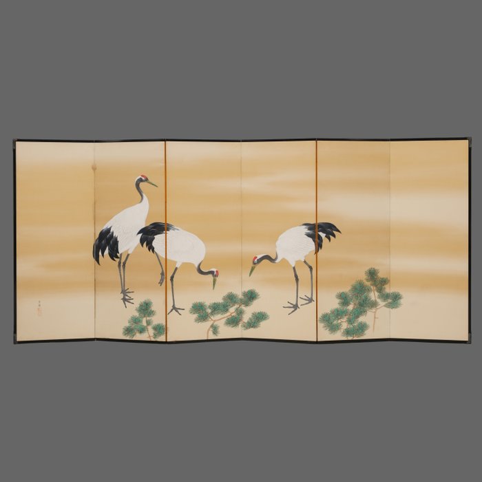 Byōbu kamerscherm - Papier, Gelakt hout, verf, papier - Japan