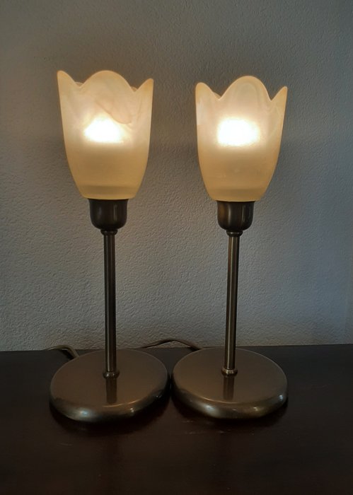 Bordlampe (2) - Tulipanlamper Messing - Skyet glass - Messing - Glass