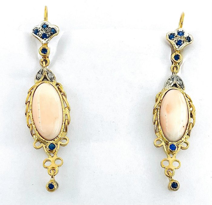 No Reserve Price - Earrings - 9 kt. Silver, Yellow gold Coral - Mixed gemstones 