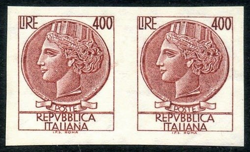 Den Italienske Republik 1976 - Siracusana L. 400, uperforeret par. Dejlig variation