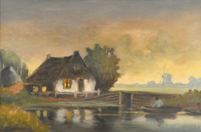 F. Jacobs (XX) - Sunset over the a Dutch landscape