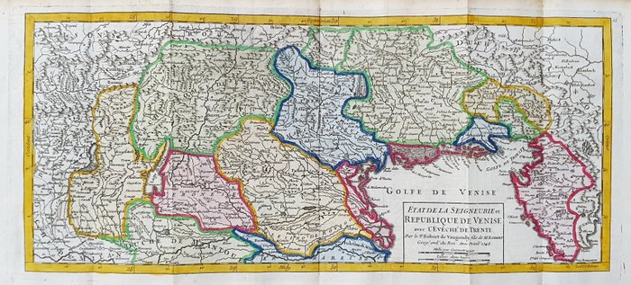 欧洲, 地图 - 意大利东北部 / 威尼斯 / 伦巴第 / 威尼托 / 的里雅斯特 / 米兰 / 加尔达 / 贝加莫 / 布雷西亚 /; R. de Vaugondy / M. Robert - Etat de la Signeurie et Republique de Venise, avec l'Evenche de Trente - 1721-1750
