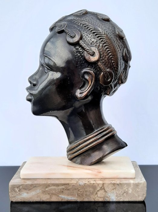 Sculpture, Art Deco Afrikaans hoofd - 19 cm - Bronze, Marbre