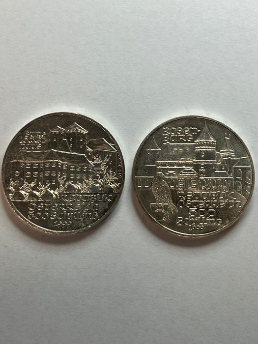 Österrike. 500 Schilling 1999, castello di Rosenberg+ castello di Lockenhaus, 2 monete  (Utan reservationspris)