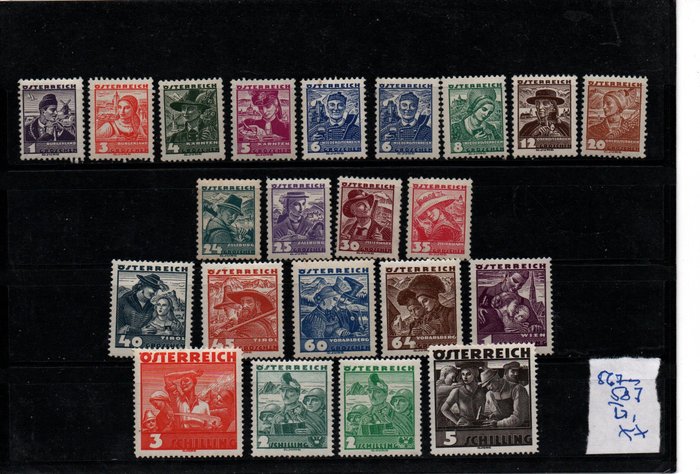 Østerrike 1935/1935 - Kostymeserie I. Republic komplett serie inkludert skillingsverdier fin postfrisk - Katalognummer 567-587