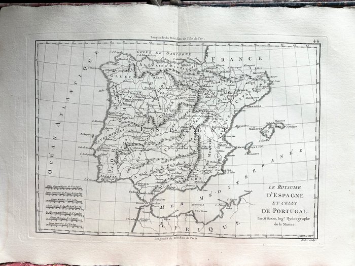Europa, Hartă - Spania / Portugalia / Peninsula Iberică; Rigobert Bonne - Le royaume d'Espagne et celui du Portugal - 1781-1800