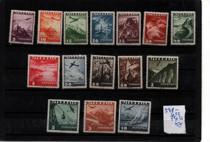 Østerrike 1936/1936 - Luftpostserie 1936 komplett serie inkludert skillingsverdier fin postfrisk - Katalognummer 598-612