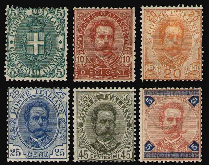 Italien 1894 - Umberto, komplet serie af 6 værdier med fair/god centrering. Certifikat - Sassone 59/64