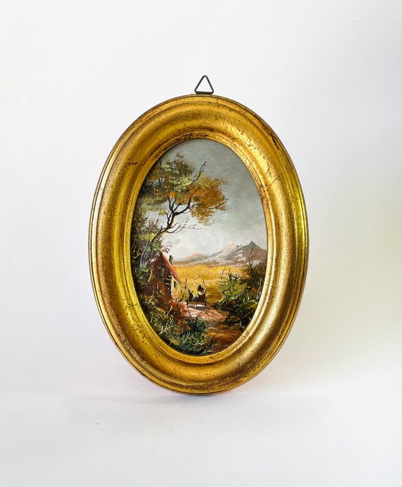 French painting - Moldura- Moldura oval dourada com paisagem de óleo  - Cobre, Madeira