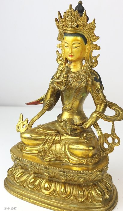 Bijzonder gedetailleerd standbeeld Vajrasattva - bronze gilded gold - Nepal  (No Reserve Price)